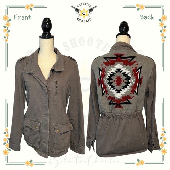Womens Vintage Havana Cotton Jacket Large Grey Full Knit Beautiful Aztec Back - Picture 1 of 7
